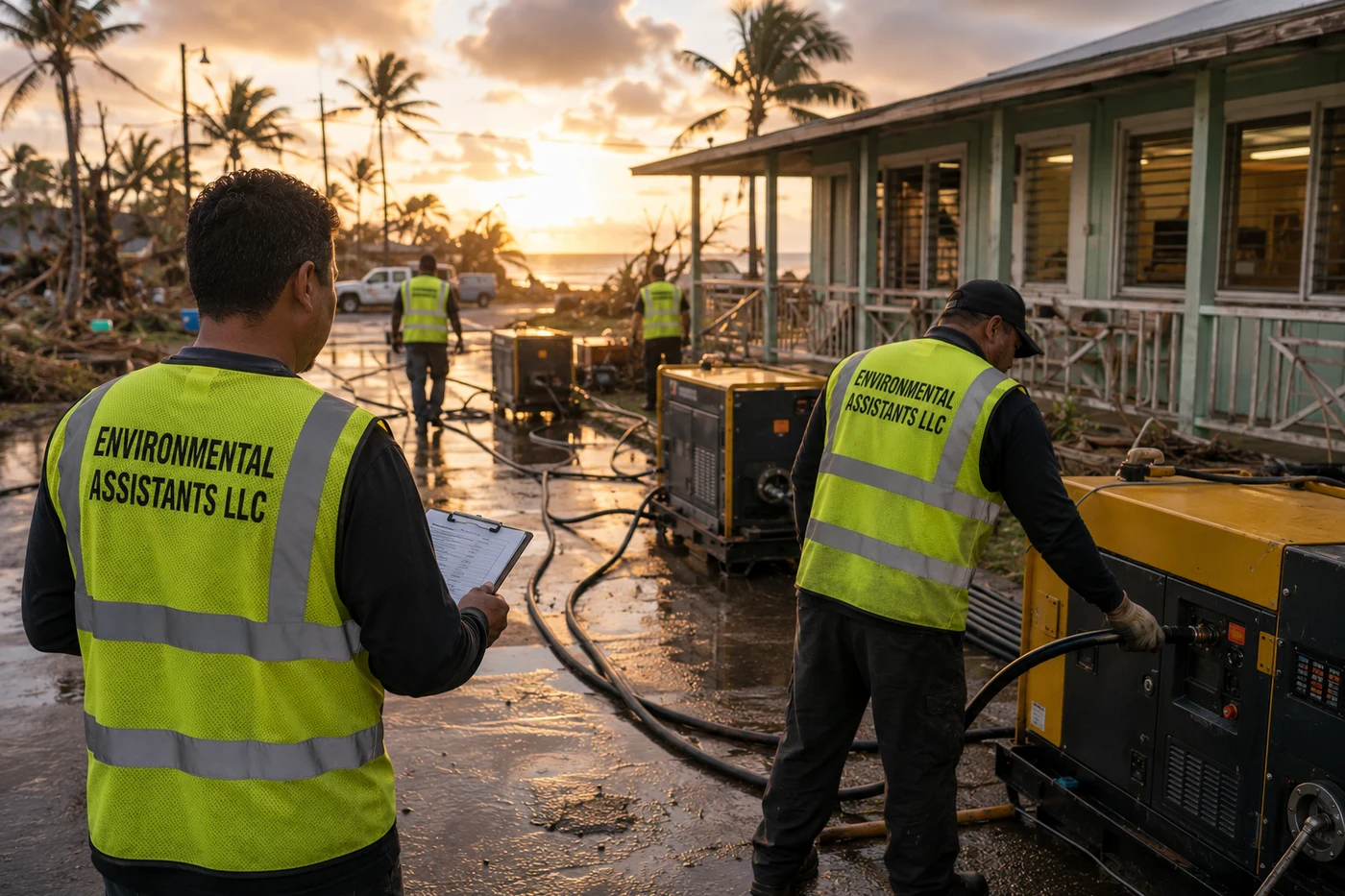 An Environmental Assistants LLC emergency-response crew in branded hi-vis vests coordinates temporary generator power after a Pacific storm — high-stakes disaster-response field operations.