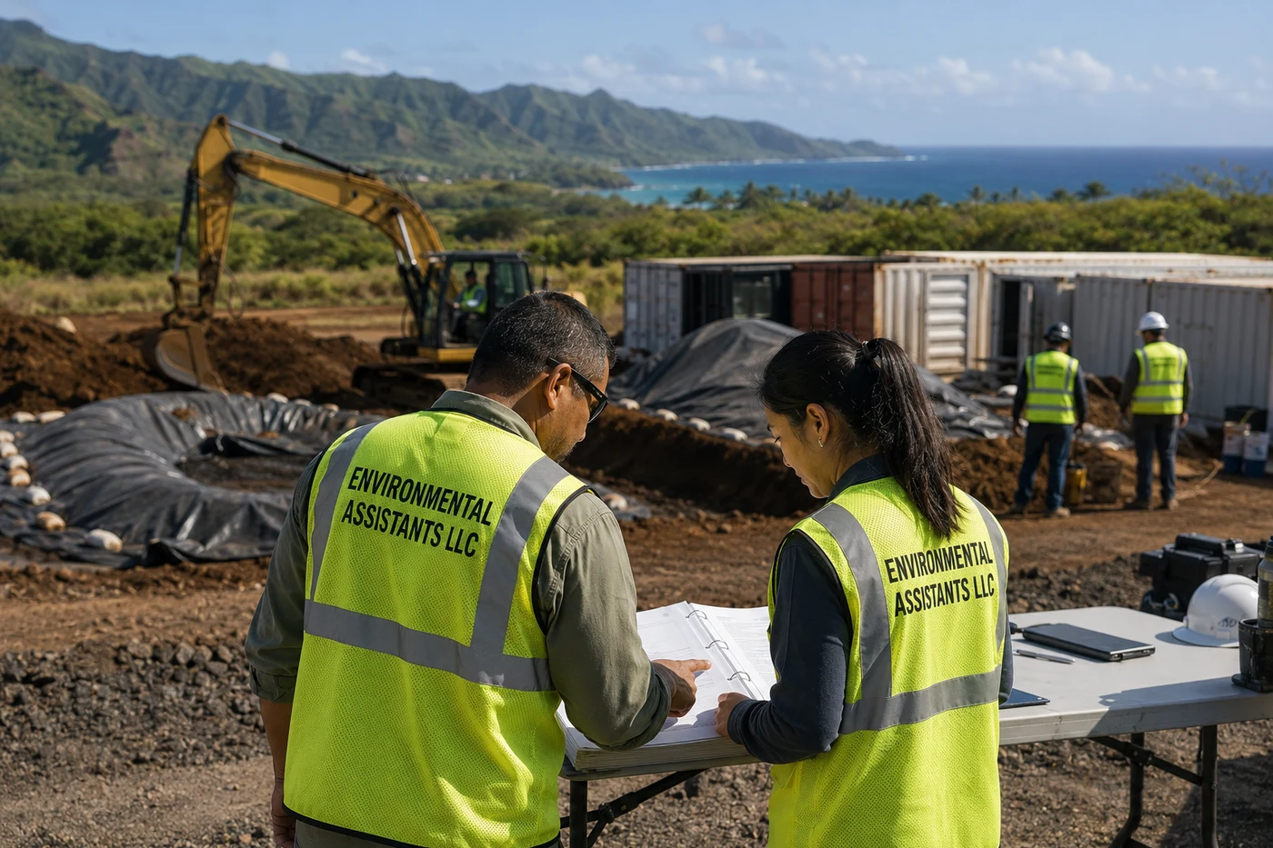 Environmental Assistants LLC field professionals in branded hi-vis vests review a program binder beside an active Pacific remediation staging yard — large-scale environmental program execution in motion.