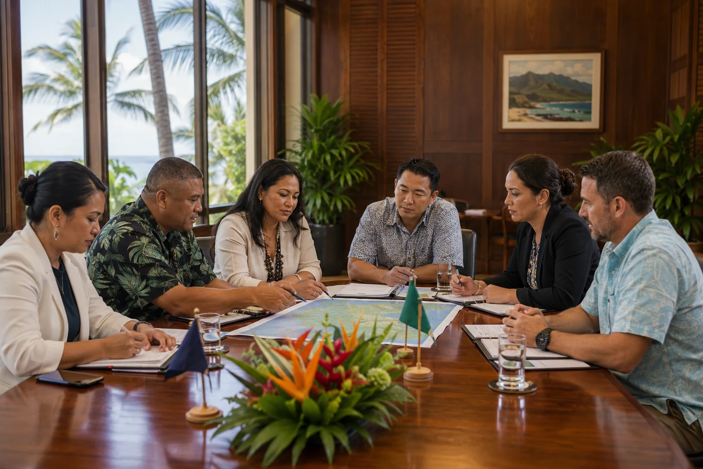 A Pacific-regional environmental delegation works through briefing folders and maps around a koa table in Honolulu — appointments and U.S. delegations shaping Pacific environmental policy.