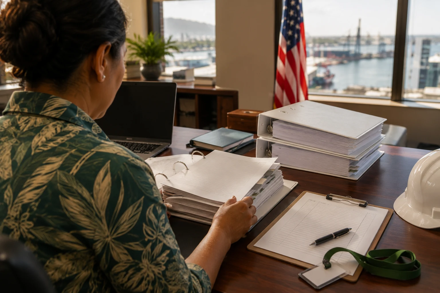 A program professional works through task-order binders and compliance checklists at a secure federal office desk in Honolulu — cleared, disciplined, and proposal-ready.