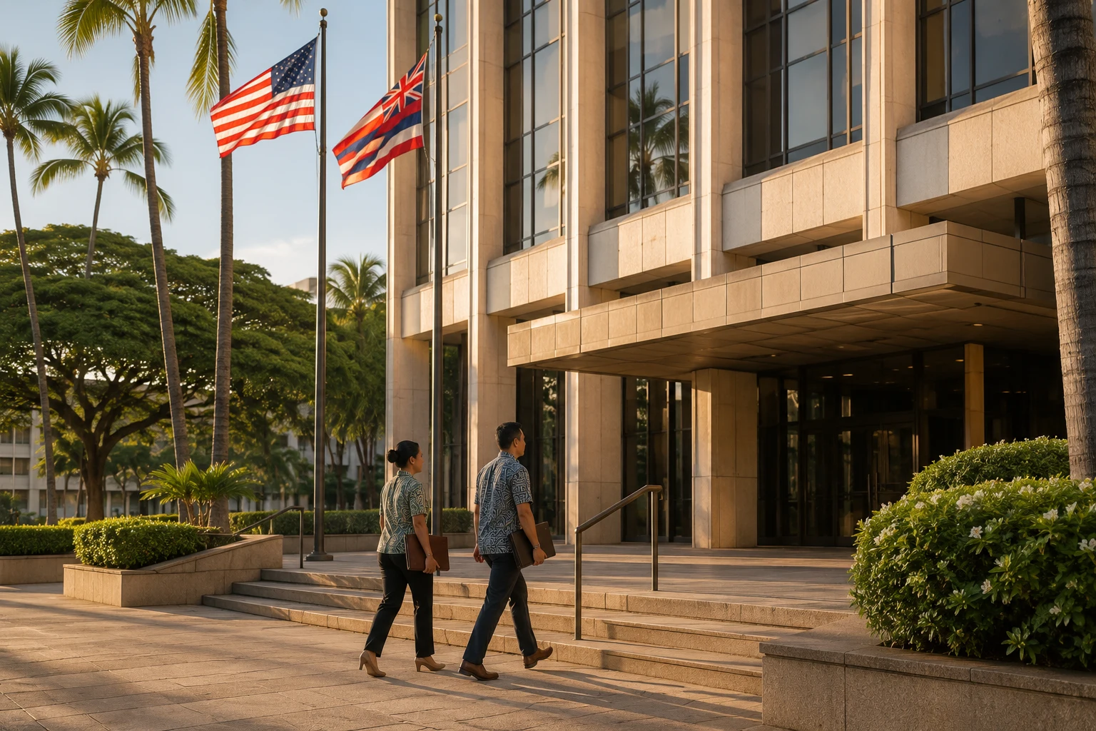 Professionals in aloha-business attire walk up the steps of a federal office building in downtown Honolulu, U.S. and Hawaiʻi flags overhead — a registered, government-ready environmental contractor.