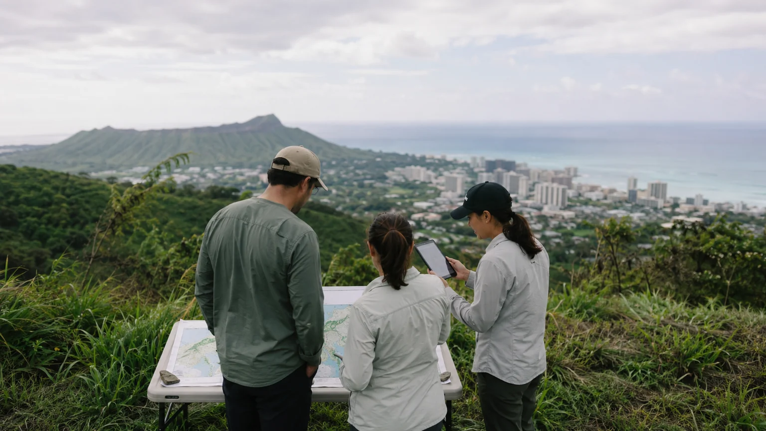 Environmental Assistants field team conducting survey and monitoring work on a Hawaiian coastal ridge at sunset, with a drone, total station, and solar-powered sensor.