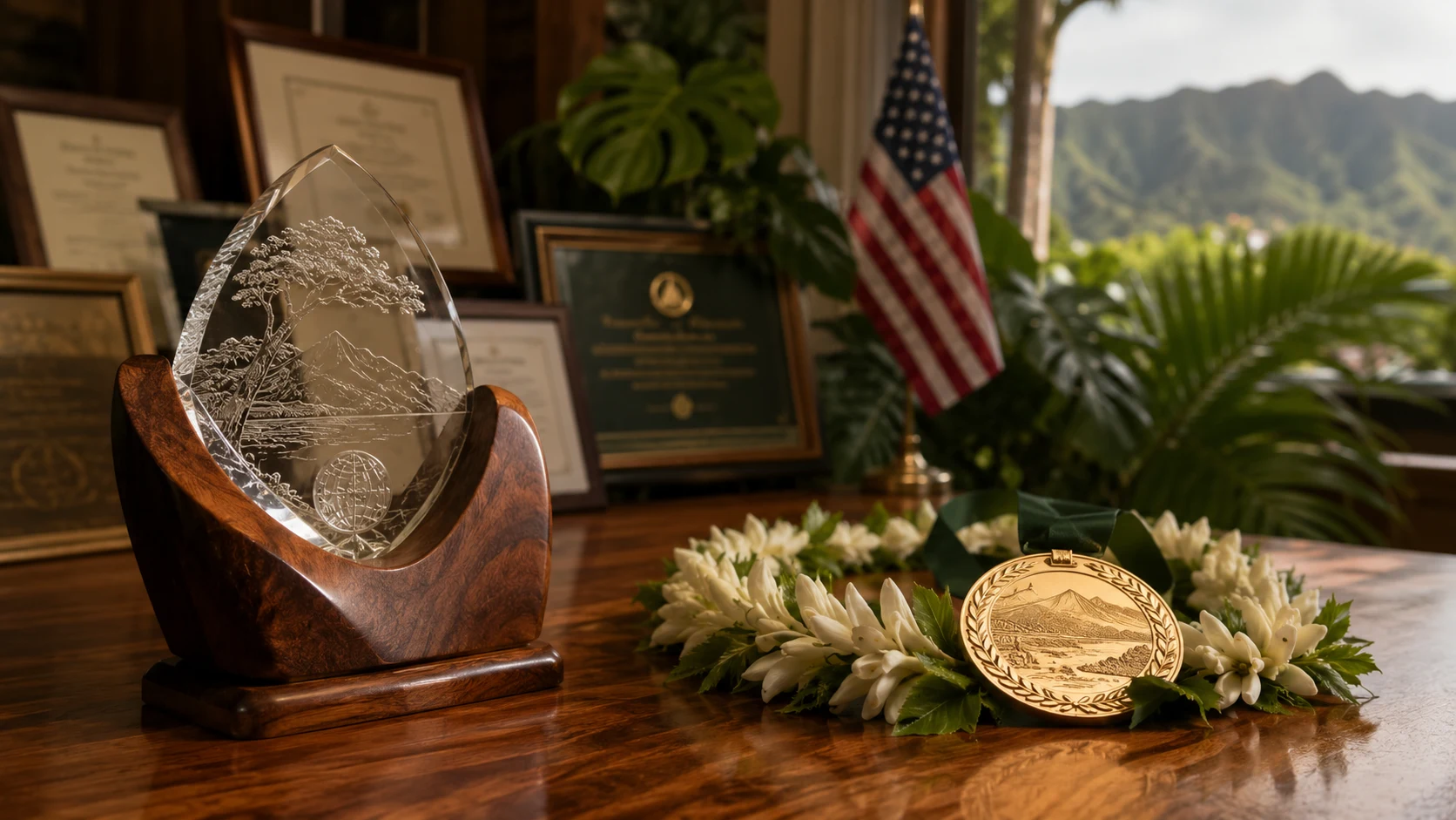 Engraved environmental awards, a gold medal on a white-ginger lei, and framed commendations on a koa-wood table in a Honolulu office — decades of honored U.S. Government and Pacific environmental service.