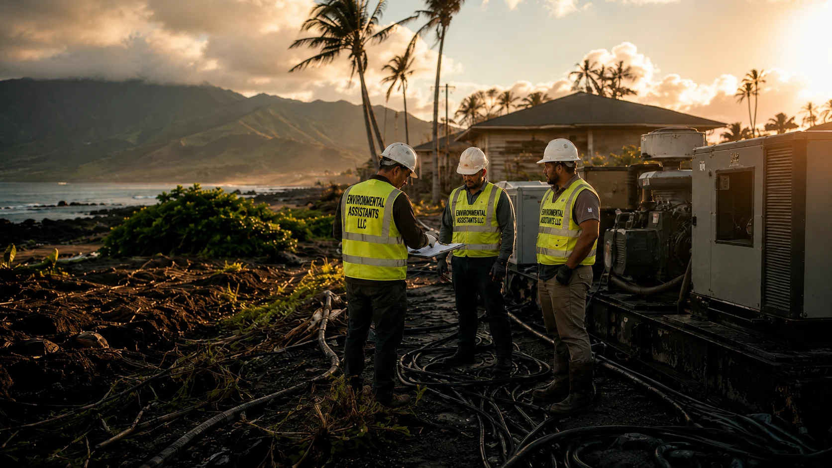 Environmental field-response team in hi-vis gear working a coastal Hawaii site at golden hour — industrial generators, equipment, and cables, with palm trees, the ocean, and a mountain ridge behind them.