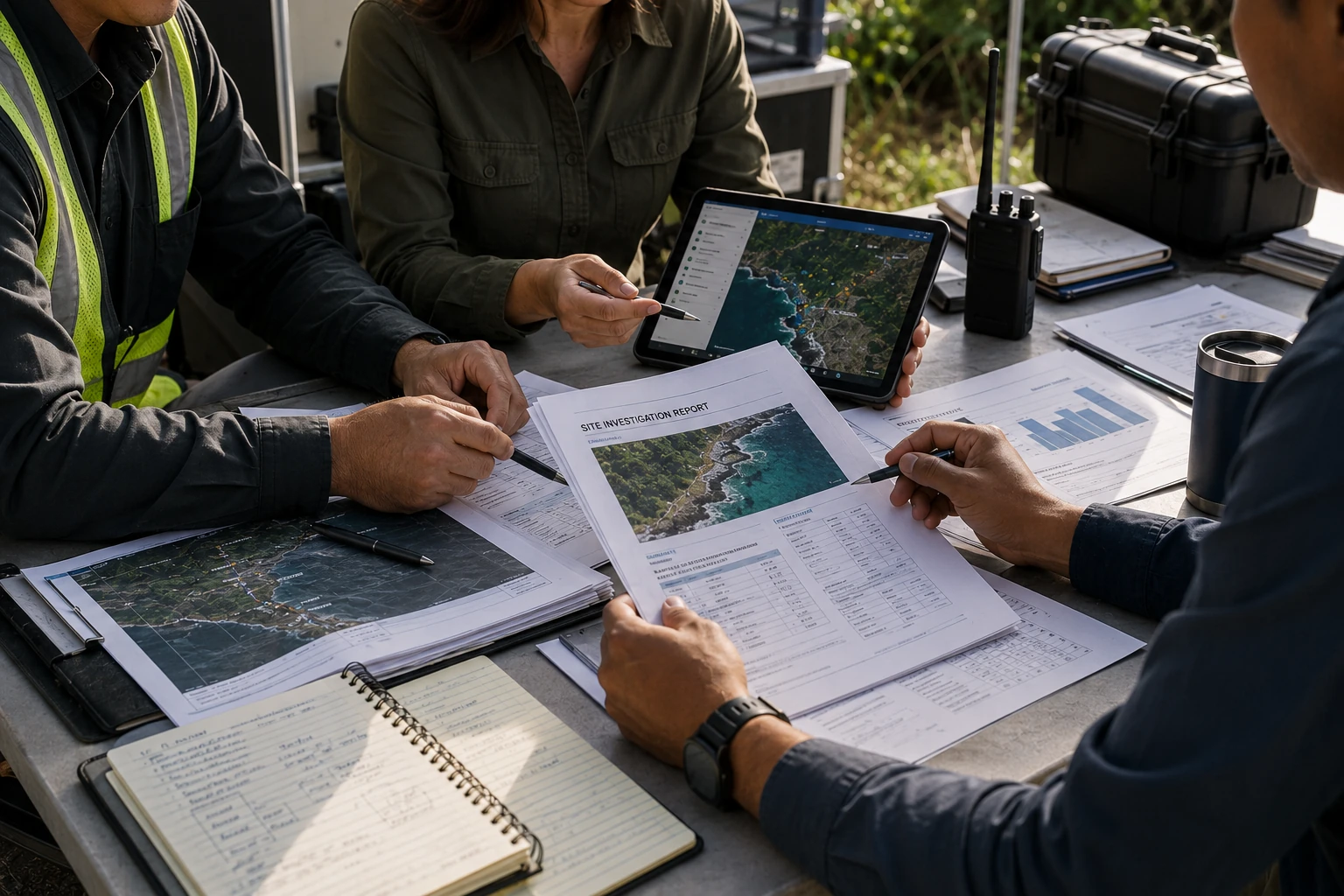 Environmental Assistants team reviewing a site investigation report, maps, and field data on a tablet during a coastal field meeting.