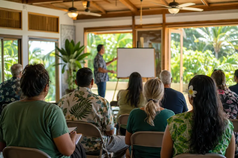 Respectful community environmental meeting in a Hawaii hall.