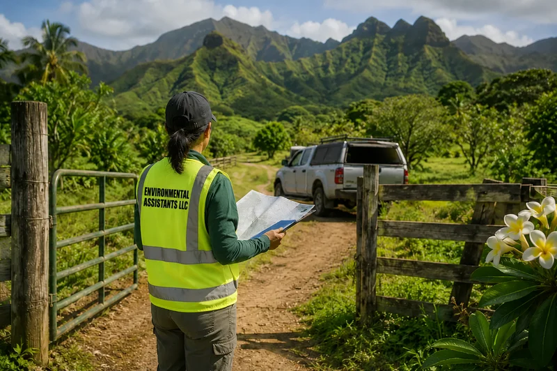 Environmental professional with a site map at an open rural property gate on a Pacific access road.