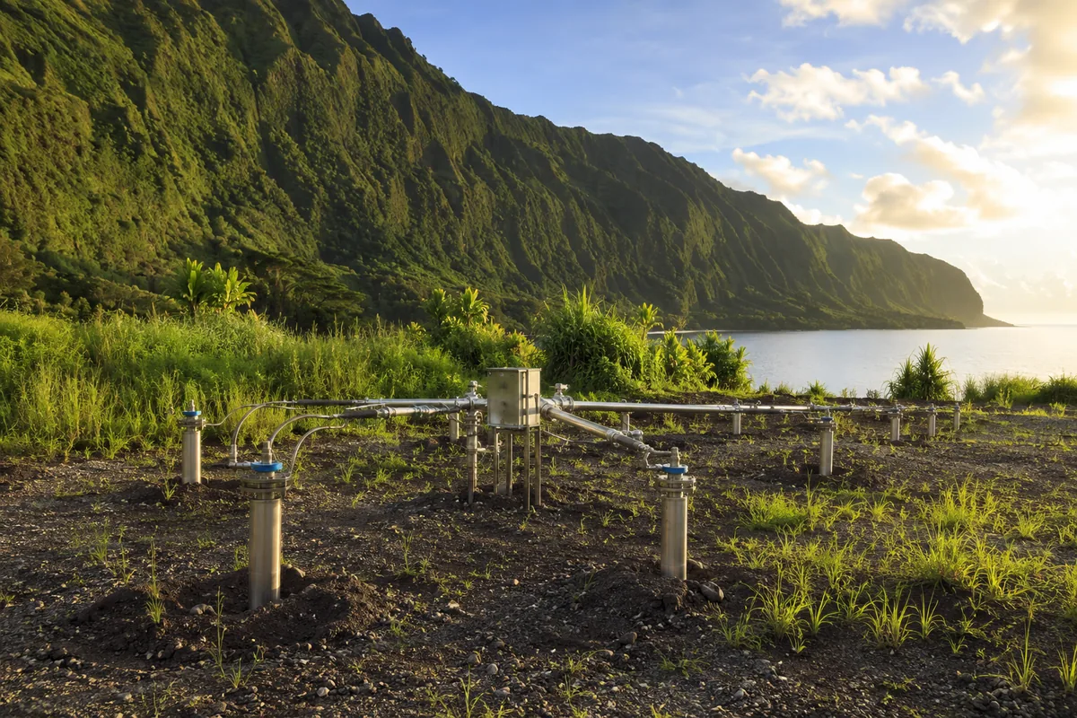 In-situ bioremediation site in Aua, American Samoa — oxygen-injection wellheads and piping treating fuel-contaminated soil, with recovering green vegetation and a steep tropical ridgeline.