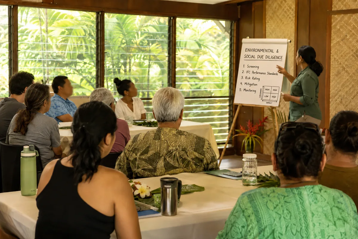 Environmental professionals at a Pacific advisory meeting, a presenter at an easel outlining an environmental and social due-diligence framework for stakeholders.
