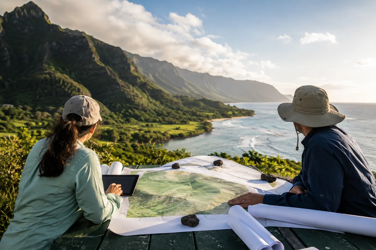 Environmental planning and compliance review in Hawaii — professionals examining site plans over a protected coastal landscape, representing NEPA/EIS and regulatory documentation work.