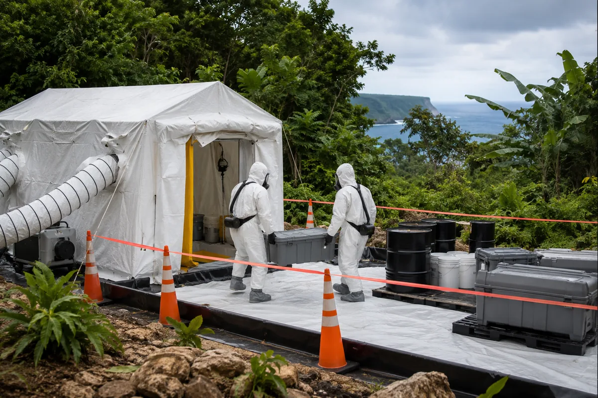 Controlled hazardous-material remediation on a Pacific island jungle site — a sealed white containment tent, lined exclusion zone with cones, and workers in protective suits handling sample drums.