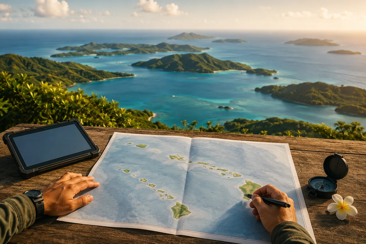 Pacific environmental program coordination — an outdoor field table on an island overlook holding a multi-island map and planning tablet, with a sweeping ocean-and-island horizon beyond.