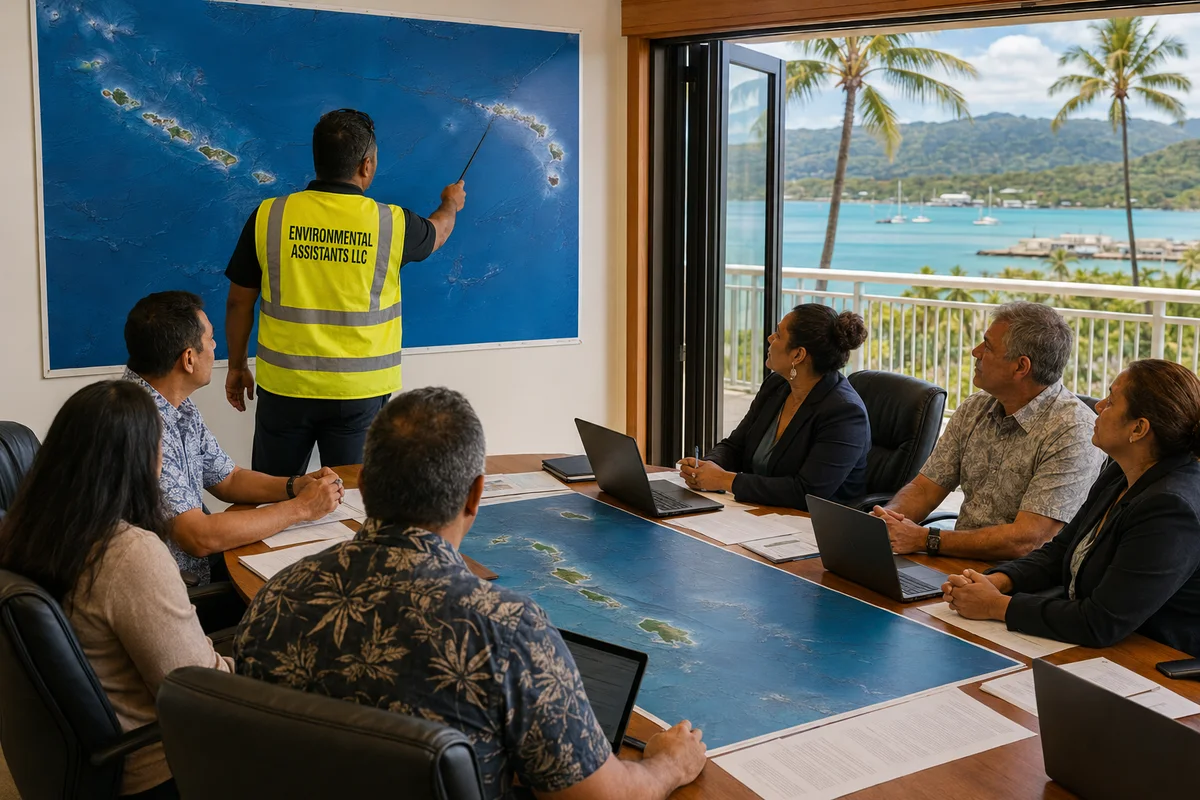 DSMOA Pacific grants coordination — an Environmental Assistants liaison in a branded hi-vis vest briefing U.S. Department of Defense staff and Pacific-island environmental regulators at a large Pacific-islands map, with an island harbor beyond.
