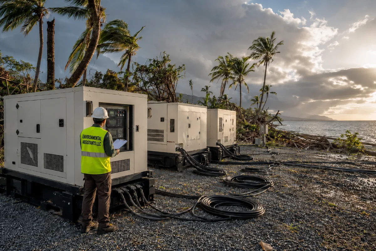 Emergency power response in a Pacific community after a storm — staged portable diesel generators and cabling on a pad, a hi-vis worker in a branded Environmental Assistants LLC vest assessing the units, debris-cleared palms behind.
