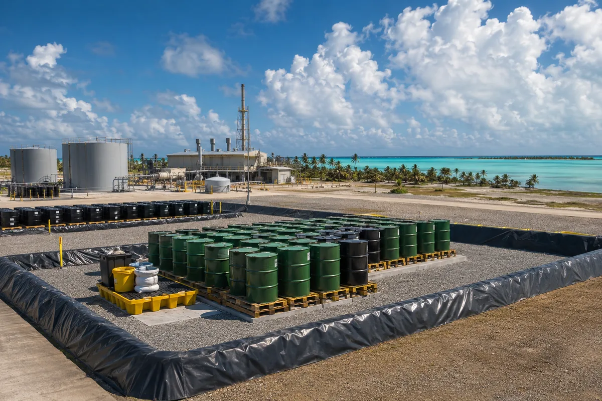 Hazardous-waste containment on Kwajalein Atoll — neatly stacked sealed drums inside a lined secondary-containment berm, power-plant infrastructure at a distance, flat reef and turquoise lagoon.