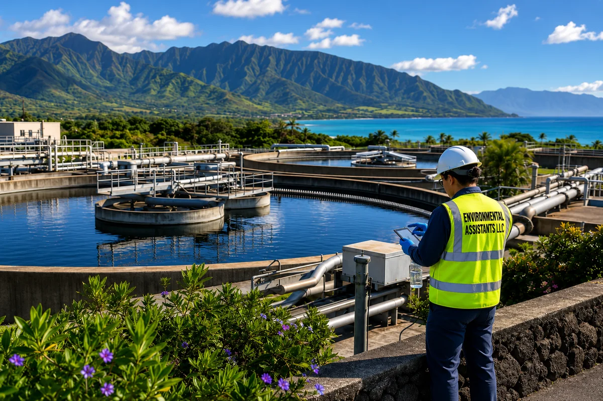 Maui regional wastewater environmental assessment — an engineer in a branded Environmental Assistants LLC hi-vis vest taking readings beside water-reclamation infrastructure, green Maui ridgeline and ocean beyond.