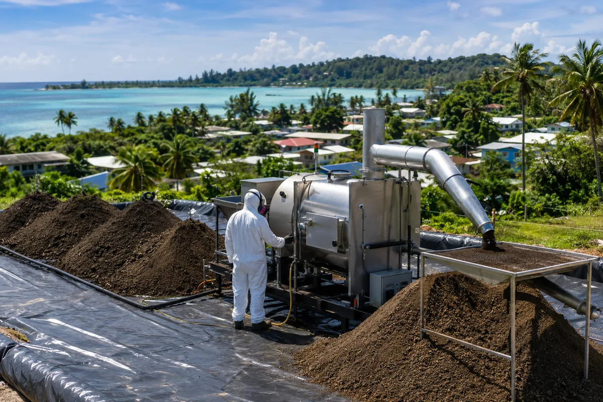 Ex-situ low-thermal-desorption soil treatment near a Saipan village — staged excavated soil, a clean thermal treatment unit and lined staging pad, with palms and turquoise lagoon beyond.