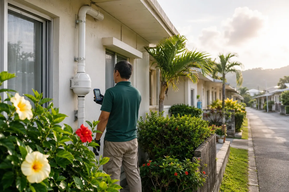 Radon field assessment outside Okinawa family housing — a technician with a handheld monitor beside a sub-slab depressurization vent pipe on a low concrete home, subtropical greenery around.