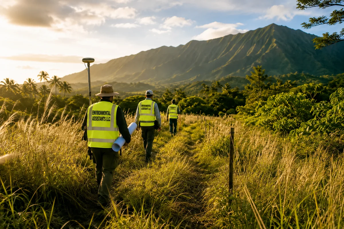 Three-person survey crew in branded Environmental Assistants LLC hi-vis vests walking a rural Pacific land-parcel boundary at golden hour, securing access for fieldwork.
