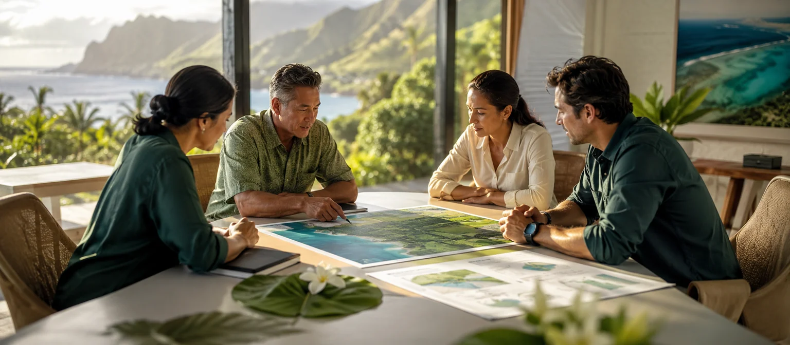 A senior-led environmental consultation in Hawaii — reviewing a project plan and site map with a client.
