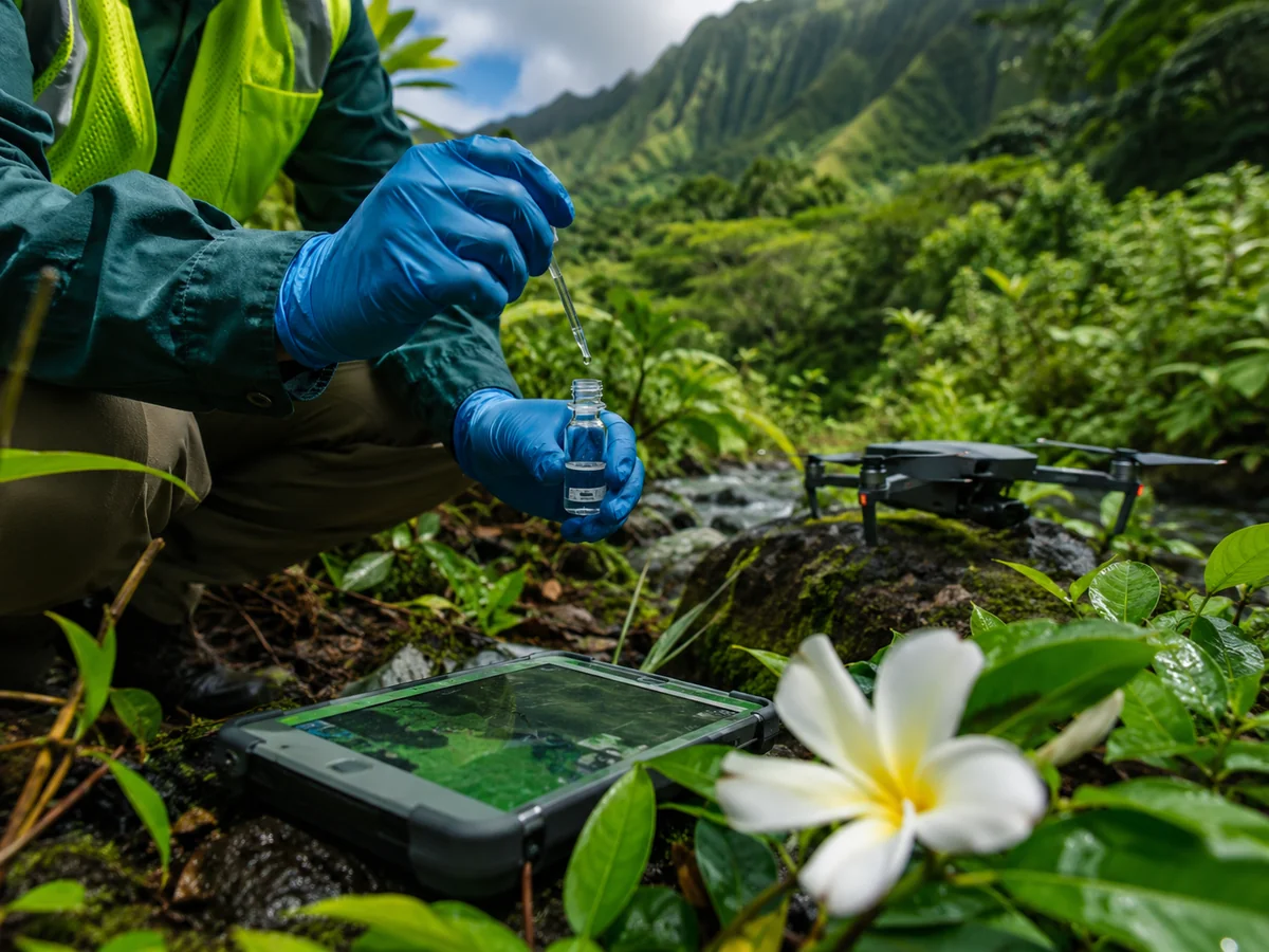 Active environmental field science in Hawaii — instruments, sampling, and mapping in progress.