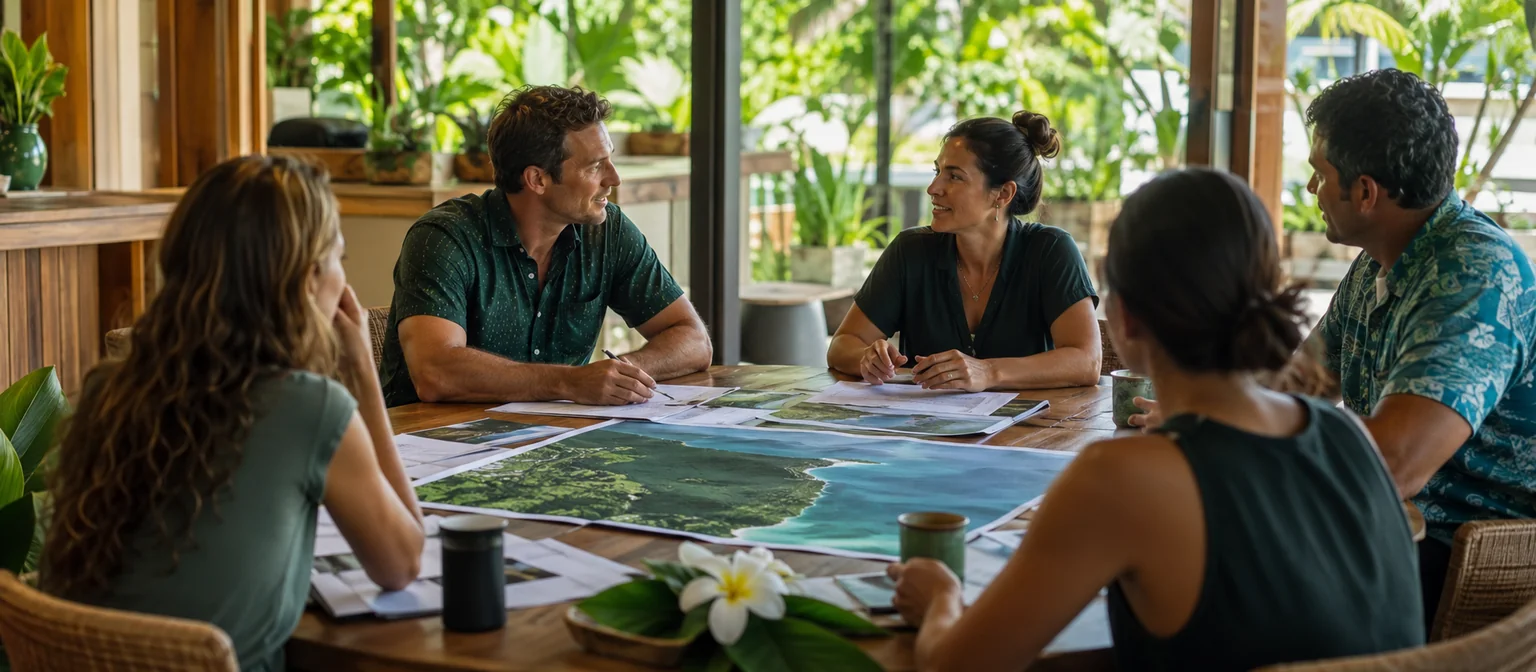 Environmental Assistants team and a client in a working sit-down meeting, reviewing project plans together at a table.